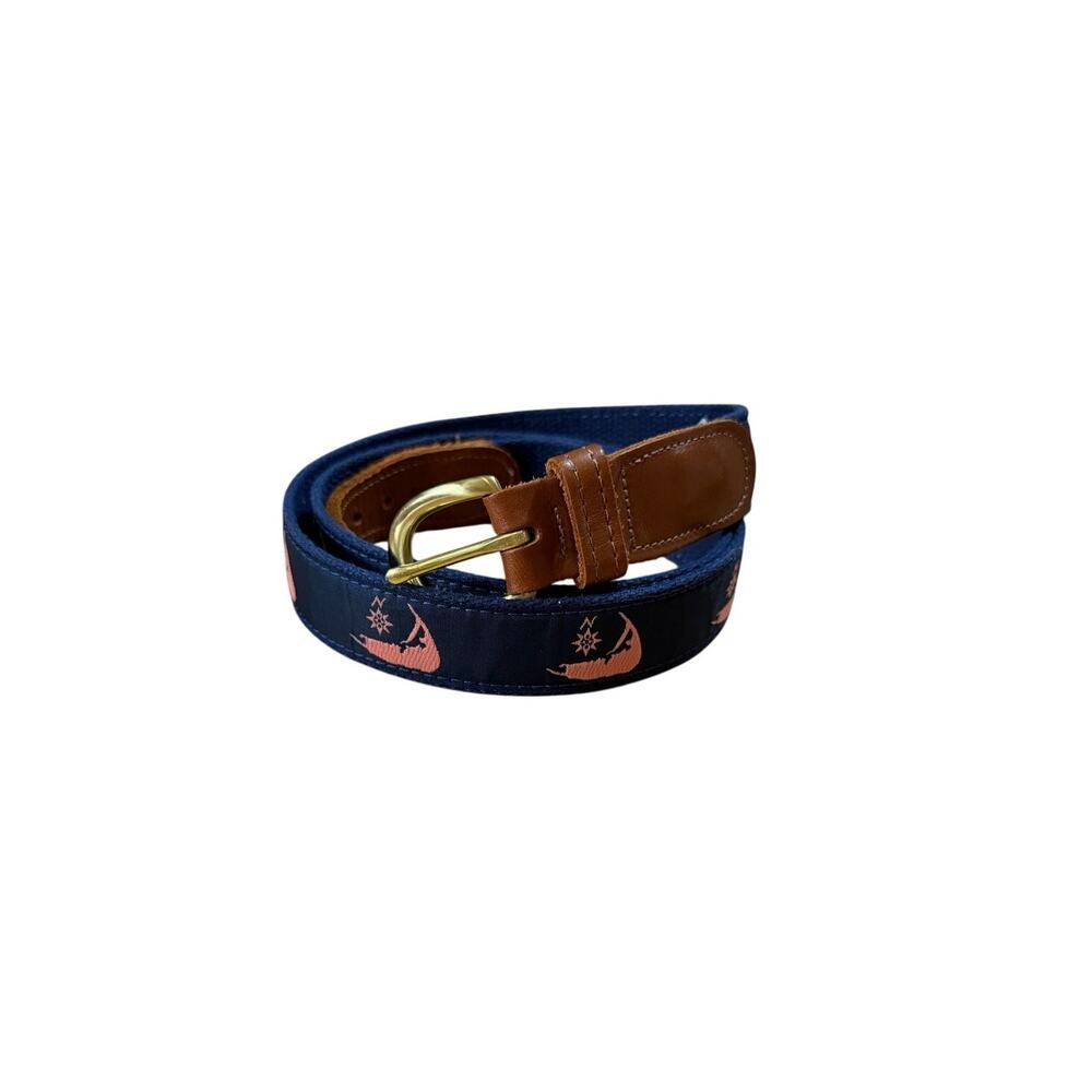 Leather Man Ltd. Nantucket Belt Navy Pink Compass Brown Leather Gold Buckle 44